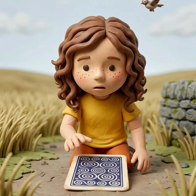 Close-up of Lena kneeling in the grass, reaching cautiously for the swirl-patterned card on the ground as a bird flies overhead, claymation illustration
