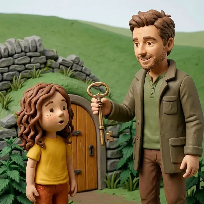 Dad holding up an ornate brass key as Lena looks up at it wide-eyed, the little hillside door and stone wall behind them, claymation illustration