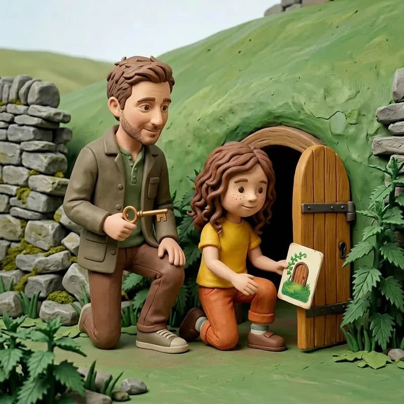 Dad kneeling with the brass key in hand as Lena kneels by the open hillside door holding the painted card, both smiling at their plan, claymation illustration