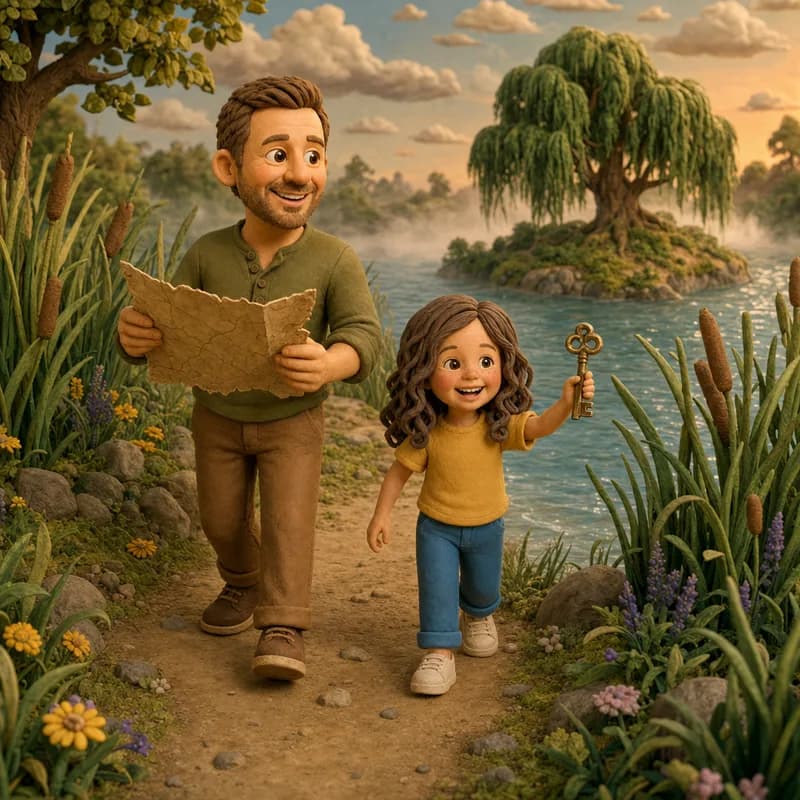 Lena holding up the old brass key as she and Dad follow the winding riverbank path between tall reeds, Dad unfolding the faded torn map, the willow island rising from the misty river ahead, claymation illustration