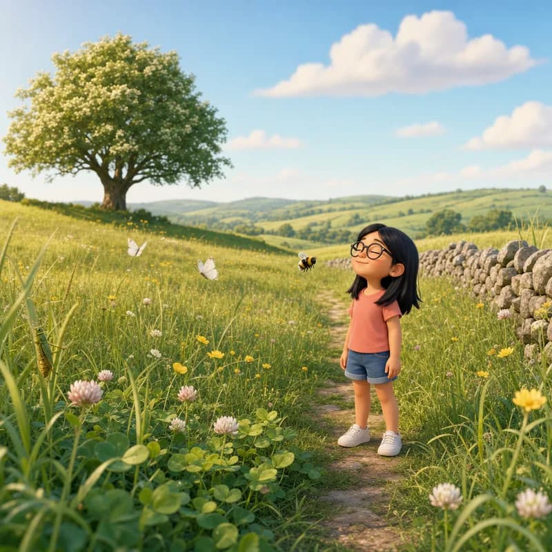 Maya smiling with closed eyes in the sunny Slow Meadow as a bee hangs in the air beside her, butterflies over the clover and a stone wall along the path, 3D-animated illustration