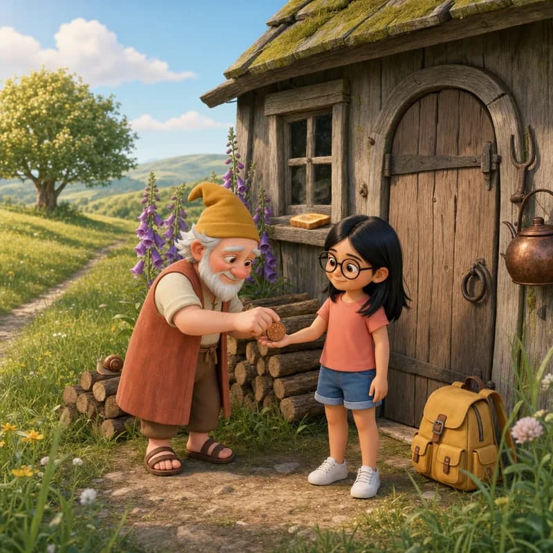 Wizard Pim in his tall yellow hat pressing the copper coin into Maya's hand outside his mossy shed, foxgloves and a copper kettle by the door, 3D-animated illustration