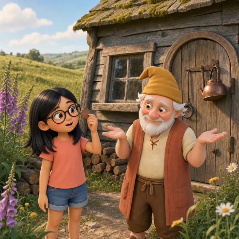 Maya holding the coin up while Pim shrugs with both hands out beside his woodpile, toast waiting on the shed windowsill, 3D-animated illustration