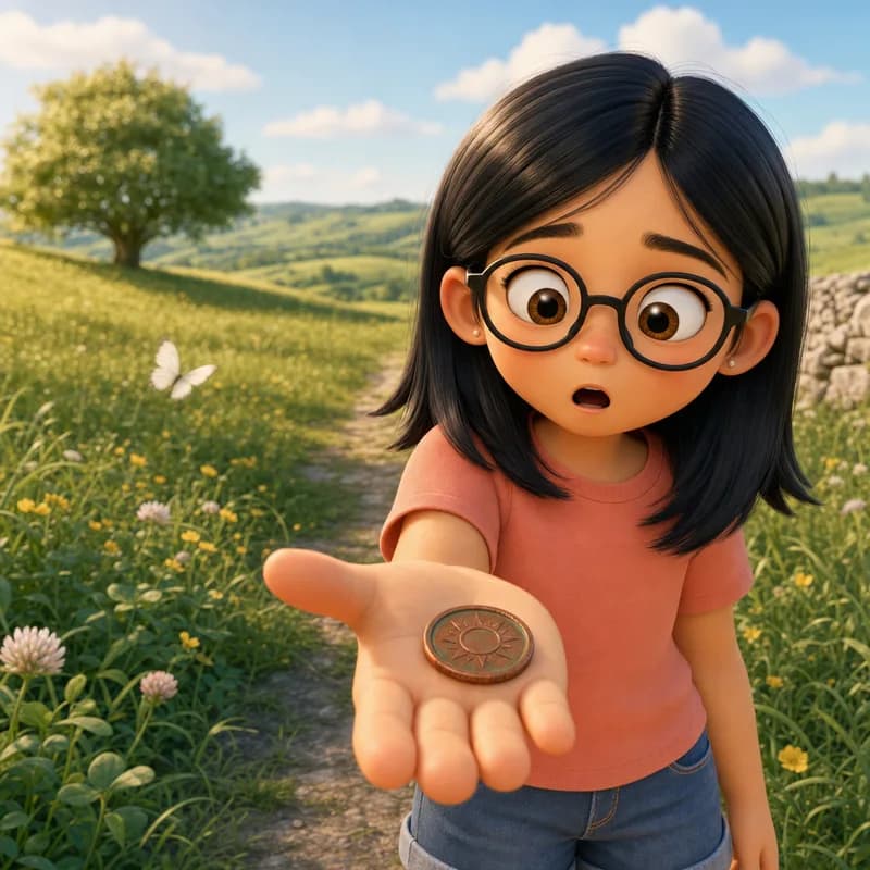 Close-up of startled Maya holding out the copper coin with its sun face on her open palm, the meadow path behind her, 3D-animated illustration