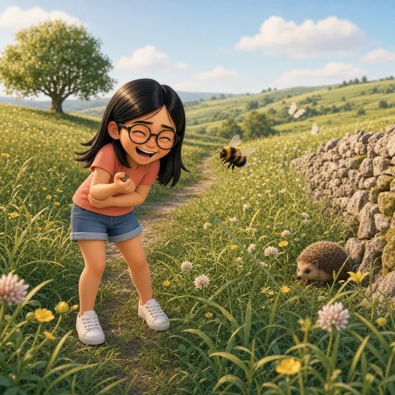Maya laughing with the coin clutched close as the tickling flip startles a slow bee, a hedgehog trundling past the stone wall, 3D-animated illustration
