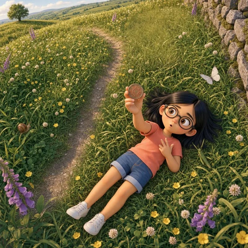 Maya lying in the wildflowers holding the coin up against the sky, counting long Mississippis as a snail inches by, 3D-animated illustration