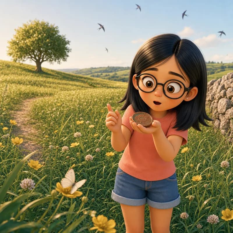 Maya peering at the sun-stamped coin in her cupped hand as swallows dart overhead, realizing it flips like an honest little clock, 3D-animated illustration