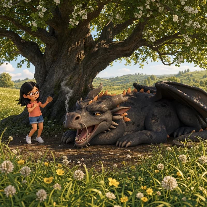 Maya stepping carefully past Marigold, the old sooty dragon sleeping under the blossoming hawthorn tree with one amber eye open, 3D-animated illustration