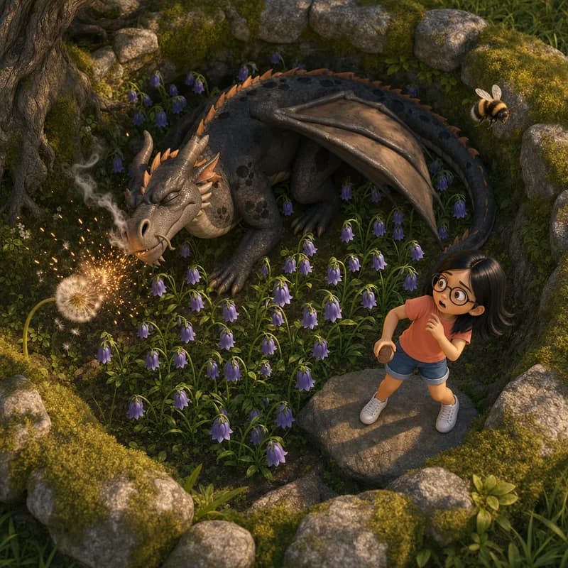 Top-down view of Marigold's sneeze setting a dandelion off like a firework of sparks beside the hollow of nightbells, Maya watching from a rock, 3D-animated illustration