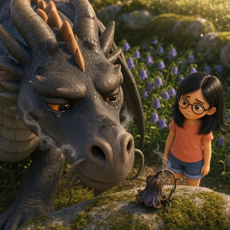 Marigold's huge teary face beside a nightbell curled up like burnt paper on the mossy rock, Maya standing quietly among the flowers, 3D-animated illustration