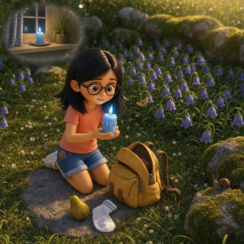 Maya kneeling by her backpack with the pear and spare sock unpacked, holding the blue candle with its cool flame, a memory of her windowsill floating above, 3D-animated illustration