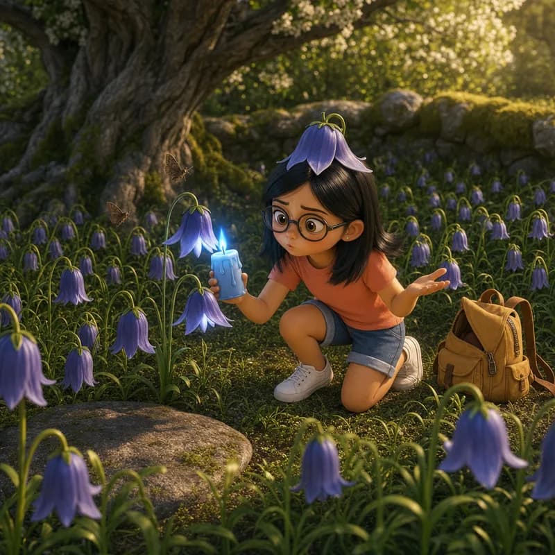 Maya wearing a nightbell on her head like a hat while she holds the blue candle to a shut flower, moths circling in the golden dusk, 3D-animated illustration