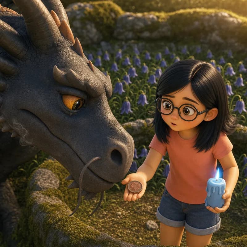 Maya holding out the honest coin toward Marigold's lowered head, the blue candle in her other hand, nightbells all around, 3D-animated illustration