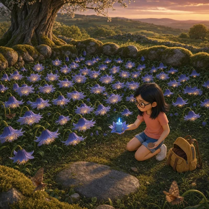 Maya kneeling with the blue candle inside a nightbell as rows of opened flowers glow gold across the hollow at sunset, 3D-animated illustration