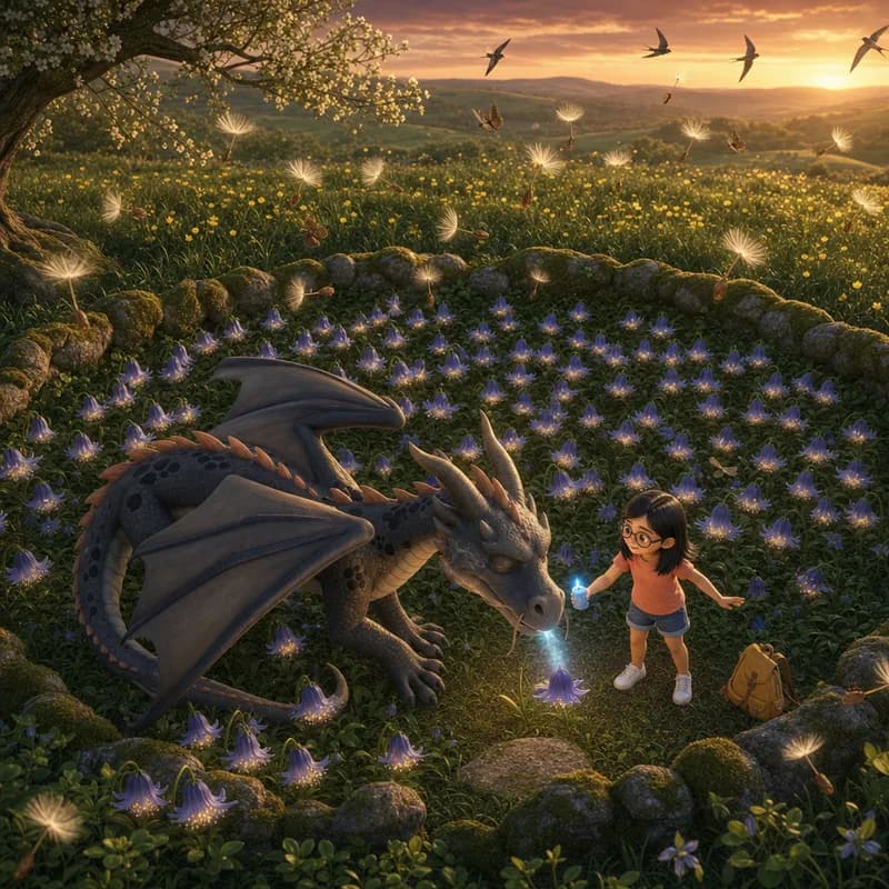 Wide view of seeds rising in slow gold arcs above the hollow as Marigold huffs a small cool flame at the last nightbell beside tiny Maya, 3D-animated illustration