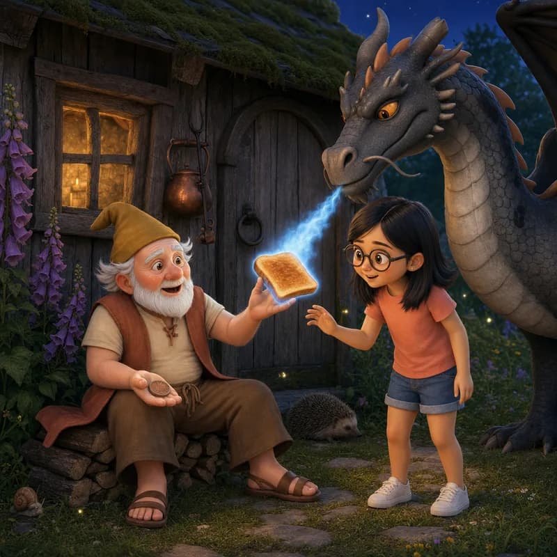 Pim sitting down in surprise as Marigold toasts his bread with a cool blue-edged flame, Maya reaching out under the night sky with fireflies around the shed, 3D-animated illustration