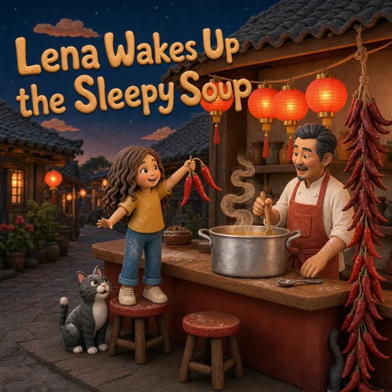 Cover illustration of Lena standing on a stool holding up red chilies over the soup pot while Mr. Ping stirs, red lanterns and the chili string framing the night stall, claymation illustration