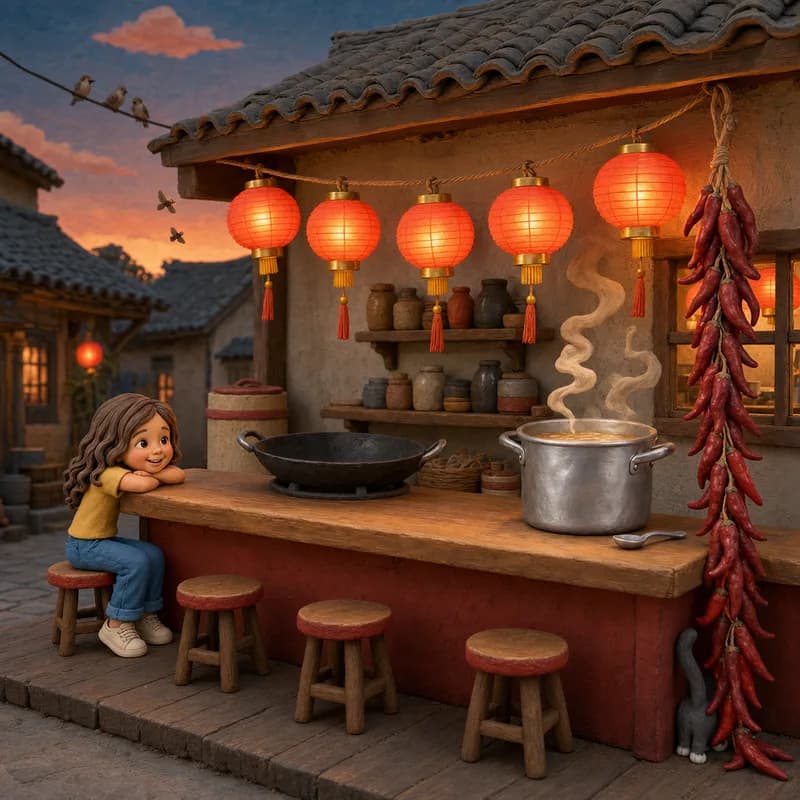 Lena resting her chin on the noodle-stall counter as steam curls from the soup pot, red lanterns glowing against the evening sky, claymation illustration