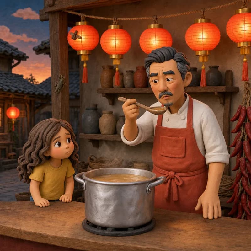 Mr. Ping tasting the broth from a wooden spoon with a puzzled frown while Lena watches across the counter, jars and lanterns behind him, claymation illustration