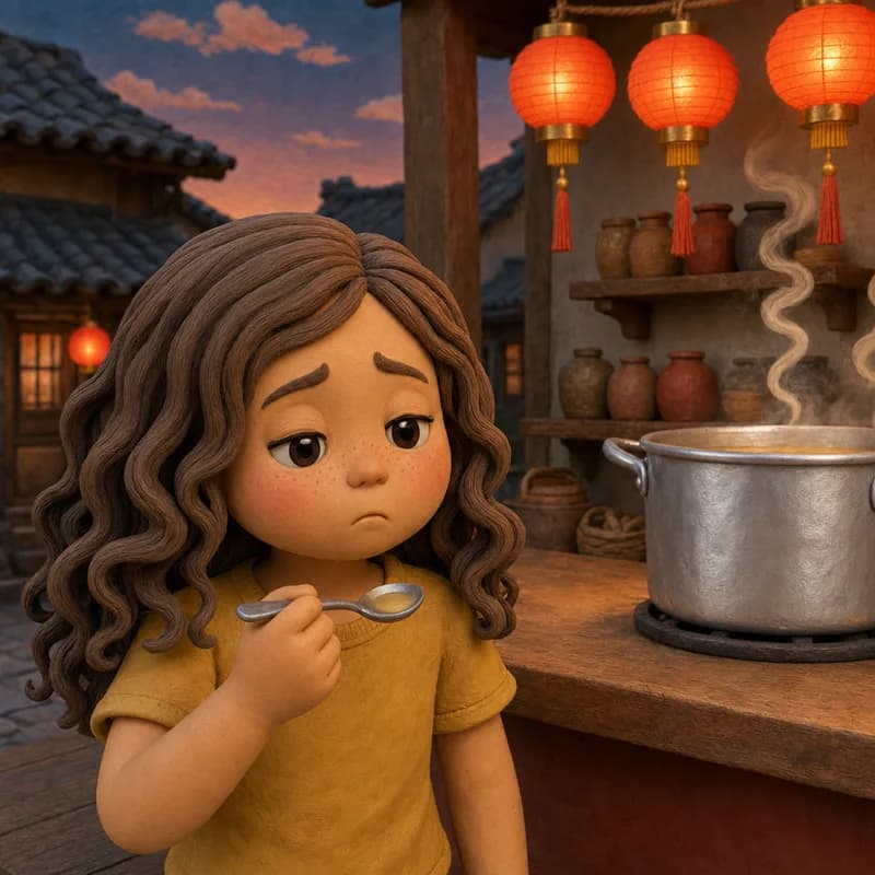Close-up of Lena holding her tiny spoon with a disappointed face beside the steaming pot, shelves of jars and red lanterns behind her, claymation illustration