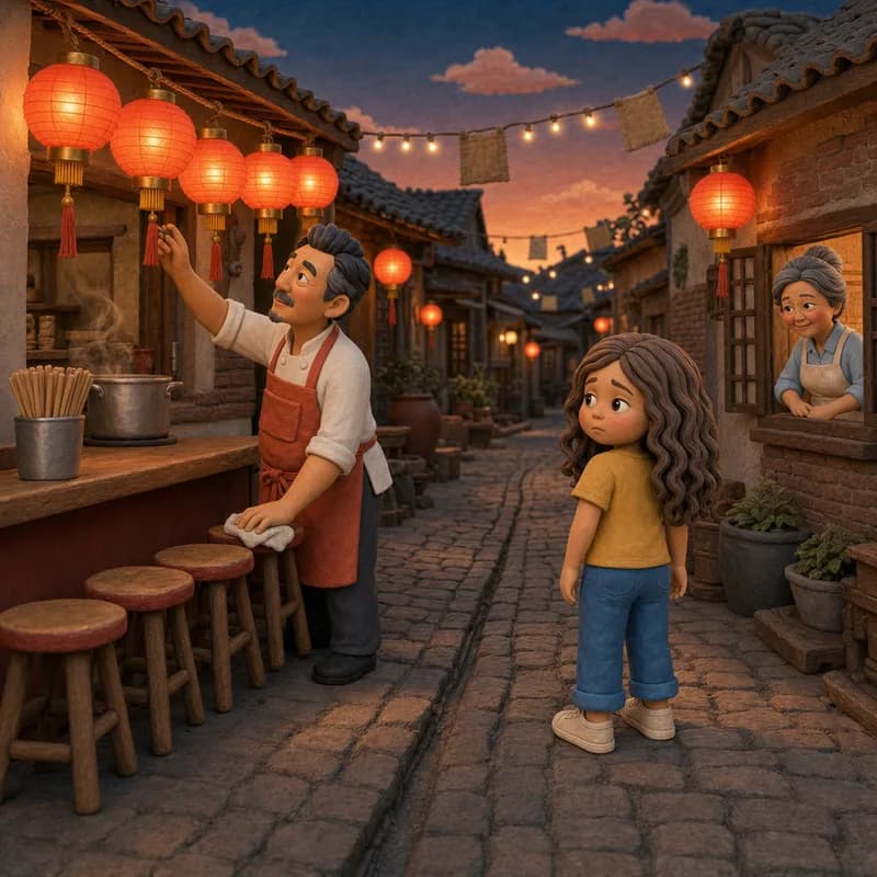 Lena looking down the lantern-strung cobbled alley as Mr. Ping reaches up to a lantern and a neighbor leans out of her window, claymation illustration