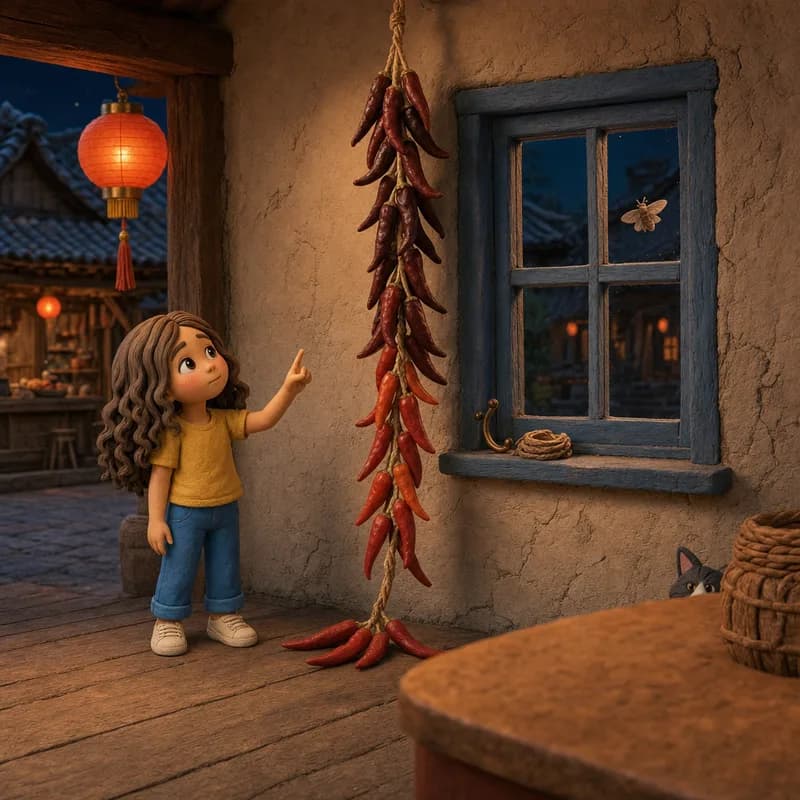 Lena pointing up at the long string of dried chilies hanging by the stall window, the newest red ones tied at the bottom, claymation illustration
