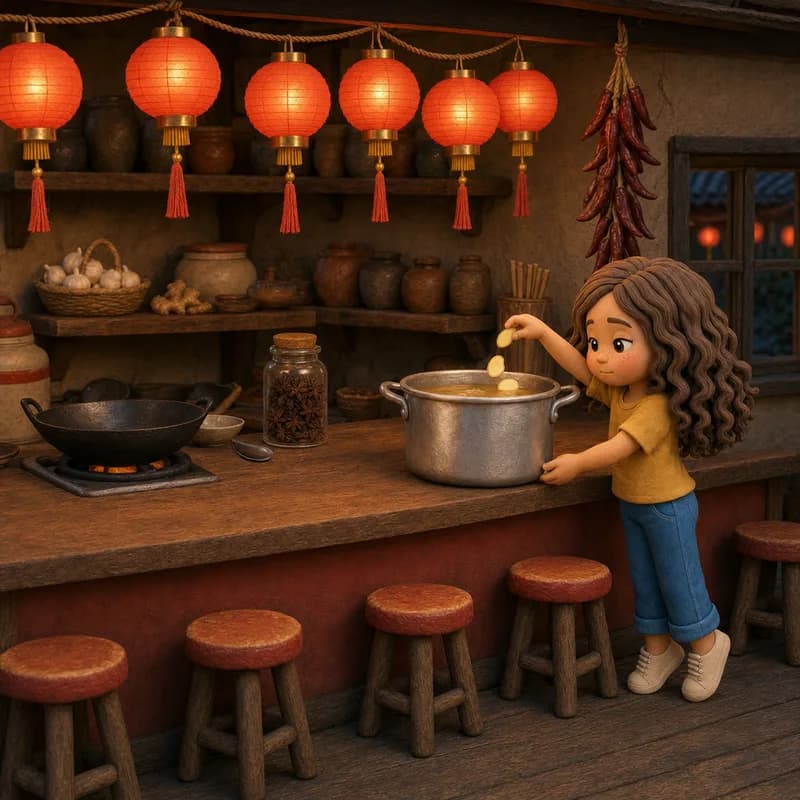 Lena dropping thin ginger coins into the pot at the counter, lanterns above and the star anise jar beside her, claymation illustration