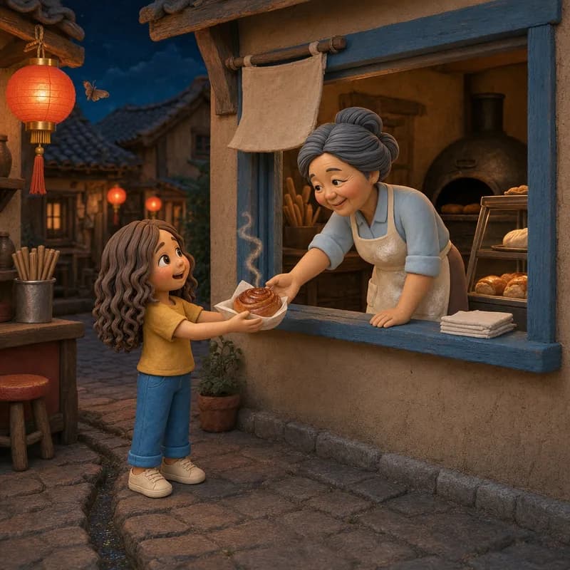 Mrs. Oh leaning out of her bakery window to pass Lena a warm bun in a paper square, lanterns glowing along the dark street, claymation illustration