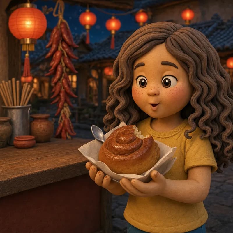 Close-up of Lena holding the cinnamon bun with a bite gone, eyes wide with the warm-all-the-way-down feeling, claymation illustration