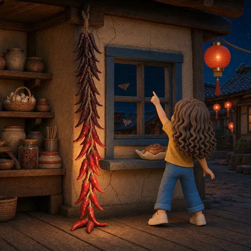 Lena at the window pointing up the chili string, from the shiny new chilies at the bottom to the dark wrinkled ones high by the ceiling, claymation illustration
