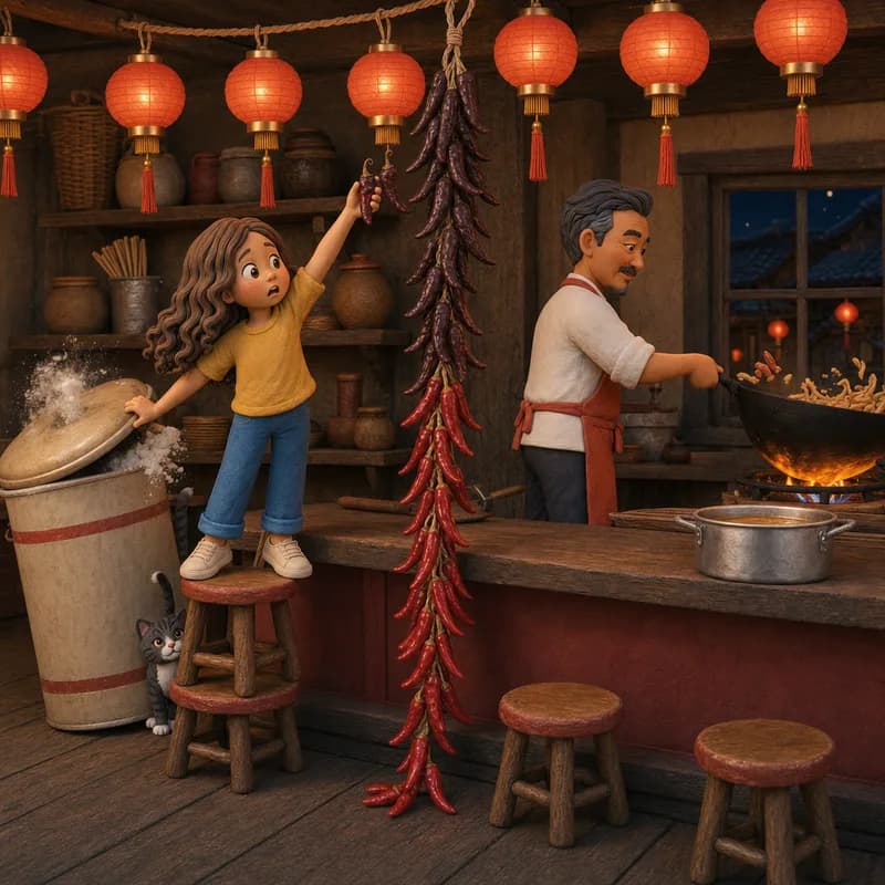 Lena balancing on stacked stools to reach the old chilies at the top of the string, her elbow tipping the flour bin while Mr. Ping works the hissing wok, claymation illustration