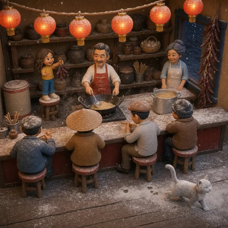 Flour snowing down over the whole stall, dusting lanterns, counter, guests and the ghost-white stall cat, claymation illustration