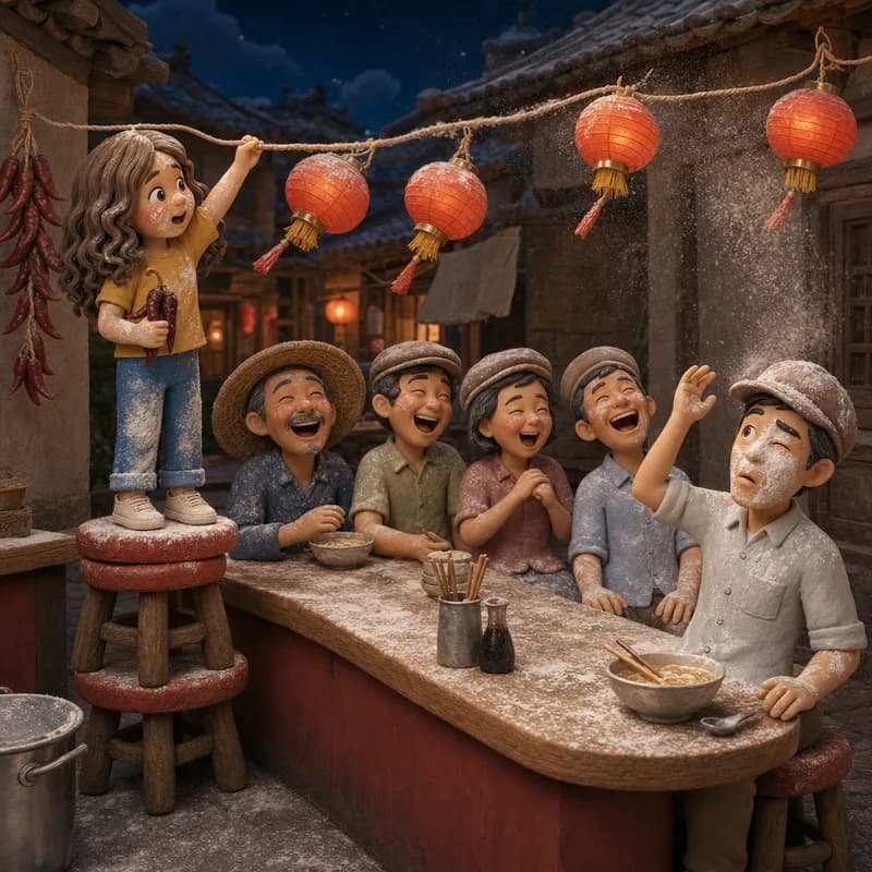 Flour-dusted customers laughing along the counter as white-powdered Lena hangs on above them with the three chilies safe in her fist, claymation illustration