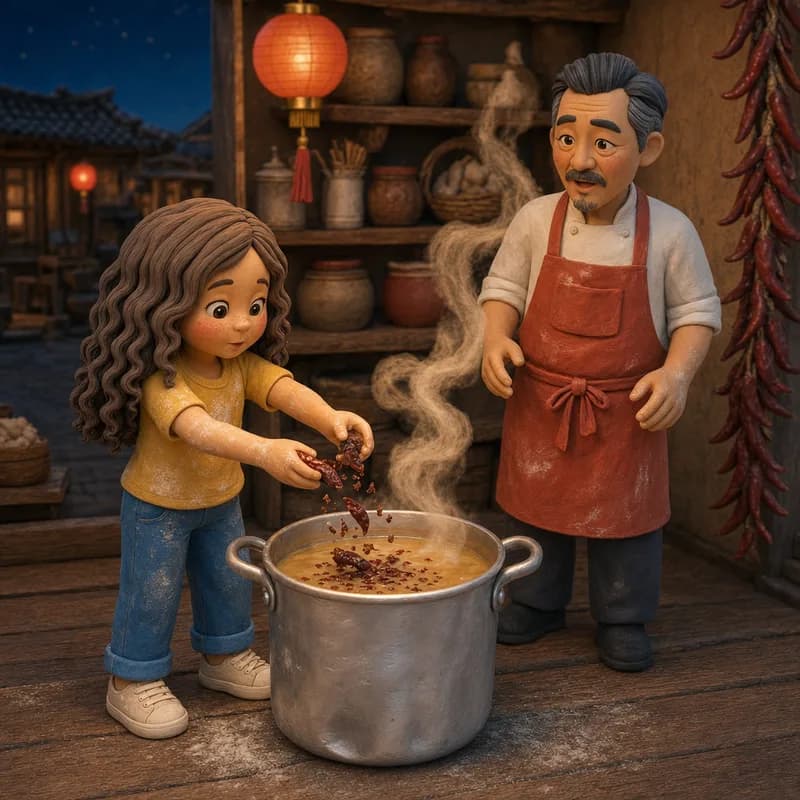 Lena crumbling the old chilies into the steaming pot while Mr. Ping stands quietly with floury hands, claymation illustration