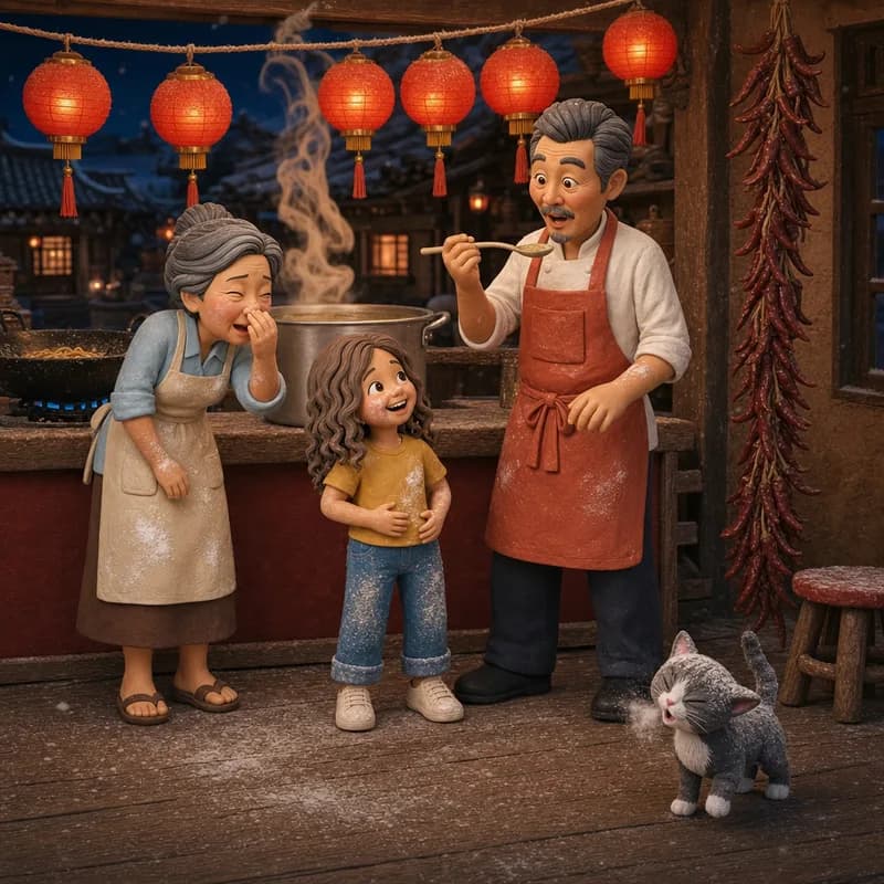 Mr. Ping tasting the awakened soup with astonished eyebrows while Mrs. Oh wipes happy tears and the floury cat sneezes a small white cloud, claymation illustration