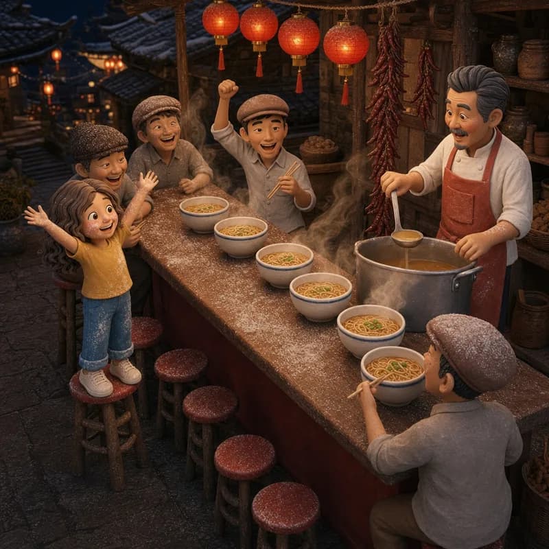 Bowls of steaming noodles passing down the crowded counter as Lena cheers on her stool and the whole line celebrates, claymation illustration