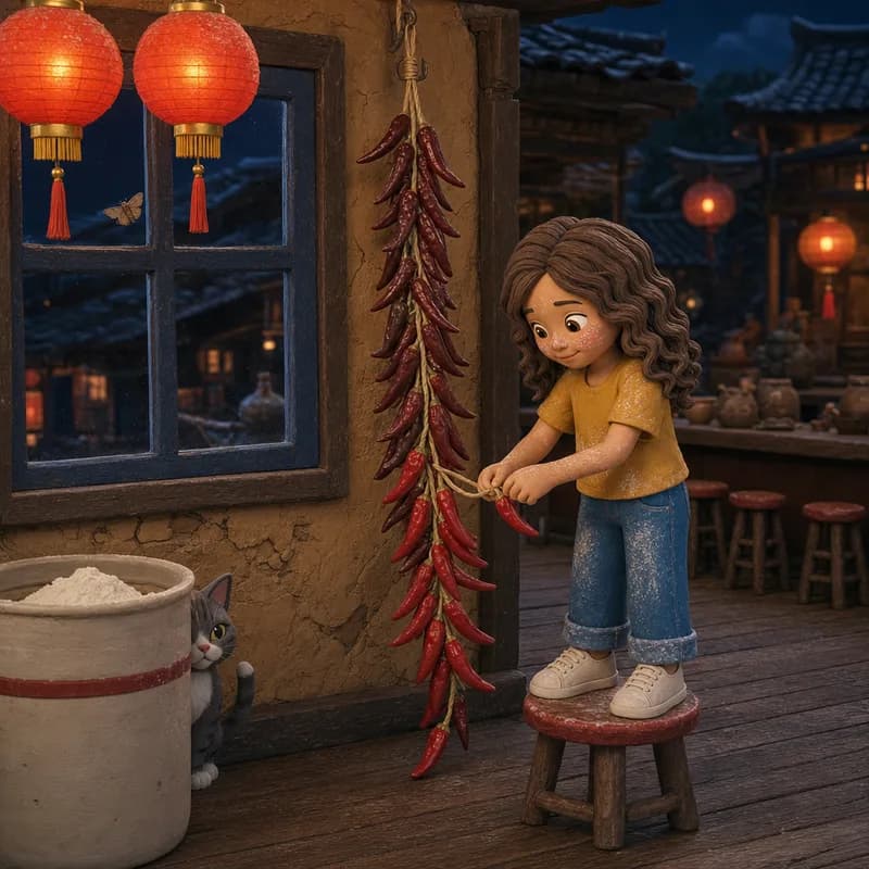 Floury, proud Lena standing on a stool tying one fresh red chili to the bottom of the string by the window, the cat peeking past the flour bin, claymation illustration