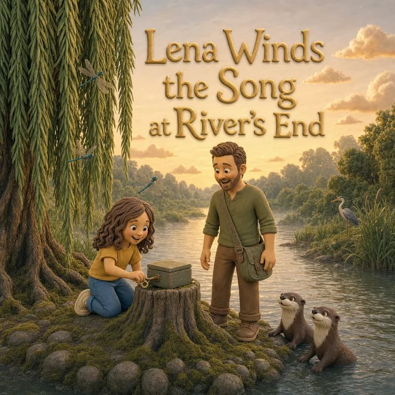 Cover illustration of Lena kneeling to wind the little music box on a mossy stump while Dad and two curious otters watch beneath the willow at golden hour, claymation illustration