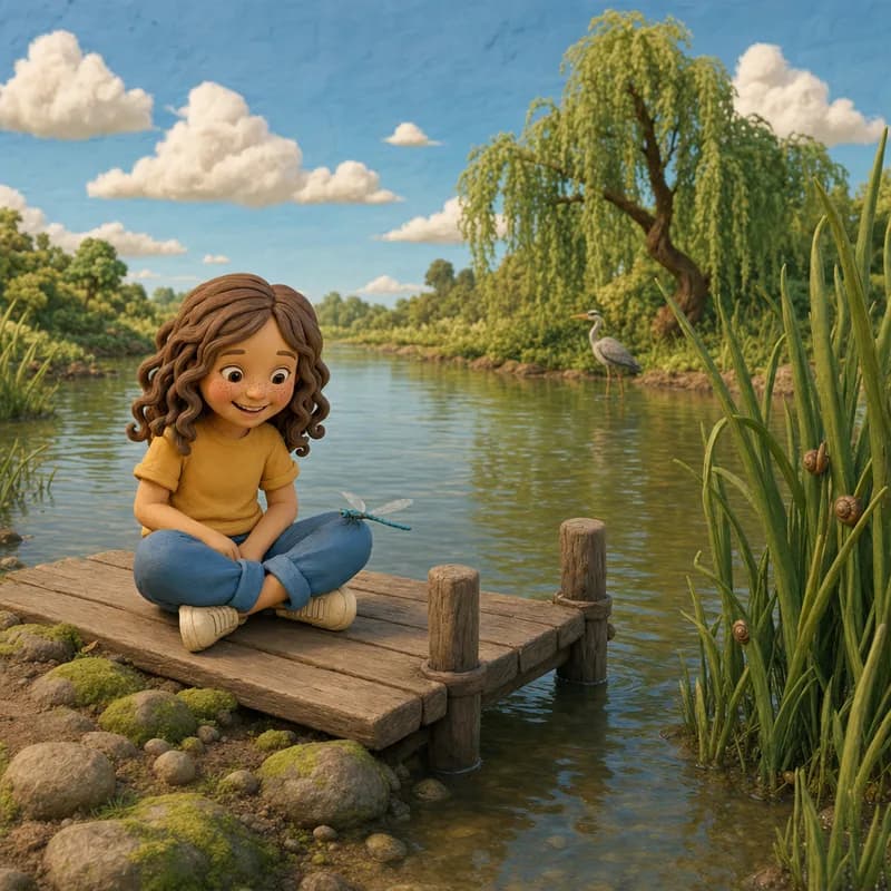 Lena sitting cross-legged on a little wooden dock, smiling at a dragonfly perched on her knee, a heron wading by the willow across the calm river, claymation illustration