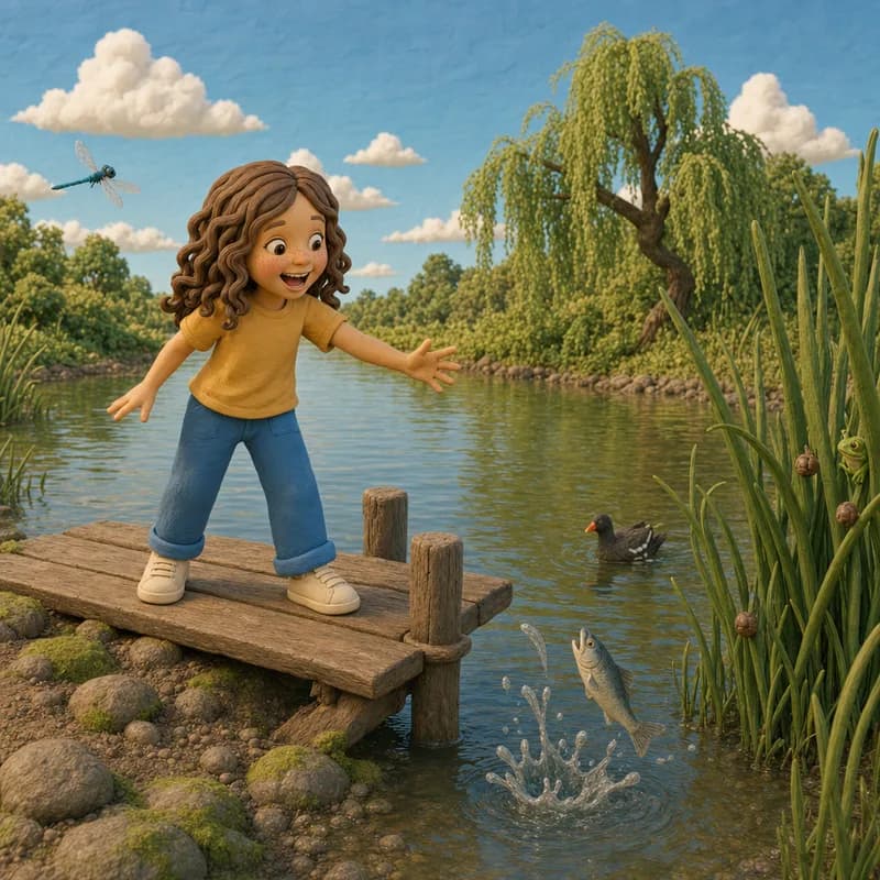 Lena standing up excitedly on the dock as a fish splashes and the dragonfly zooms away, a duck paddling past the reeds, claymation illustration