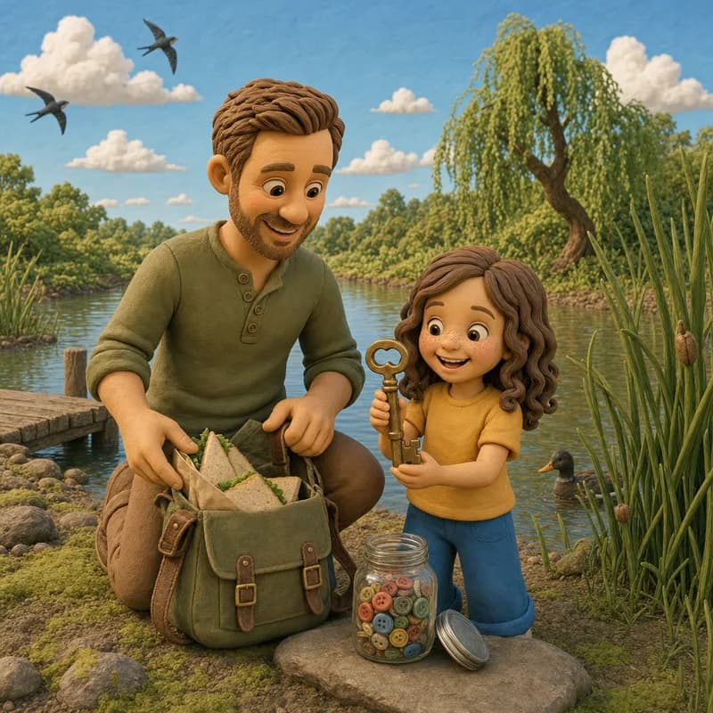 Dad kneeling to pack sandwiches into his canvas satchel while Lena proudly holds up the old brass key beside the jar of buttons, swallows overhead, claymation illustration