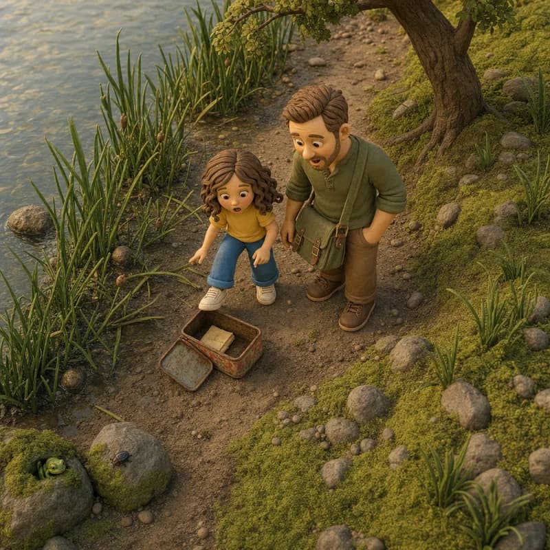 Top-down view of Lena and Dad on the reed bank, Lena reaching down in surprise at the rusty biscuit tin her shoe clonked, a frog watching from a mossy rock, claymation illustration
