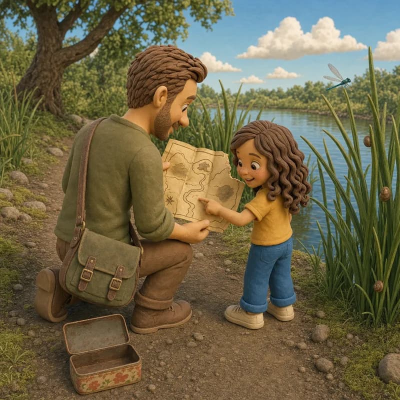 Dad kneeling to hold the faded map with one corner torn clean off while Lena points at its wiggly river line, the biscuit tin open on the path beside them, claymation illustration