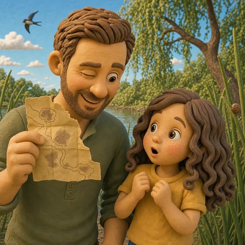 Close-up of Dad squinting one-eyed at the smudged map while Lena listens wide-eyed for goats, gates or grapes, willow branches and a swallow behind them, claymation illustration