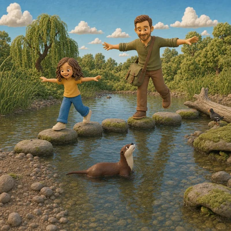 Lena and Dad crossing the mossy stepping stones with their arms out like tightrope walkers, an otter swimming past below and looking up at Dad's wobble, claymation illustration