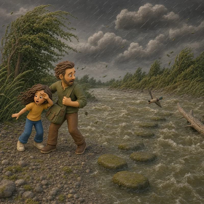 Lena and Dad hurrying along the riverbank under an old-soup storm sky as sideways rain whips the reeds and the stepping stones disappear under rushing water, claymation illustration
