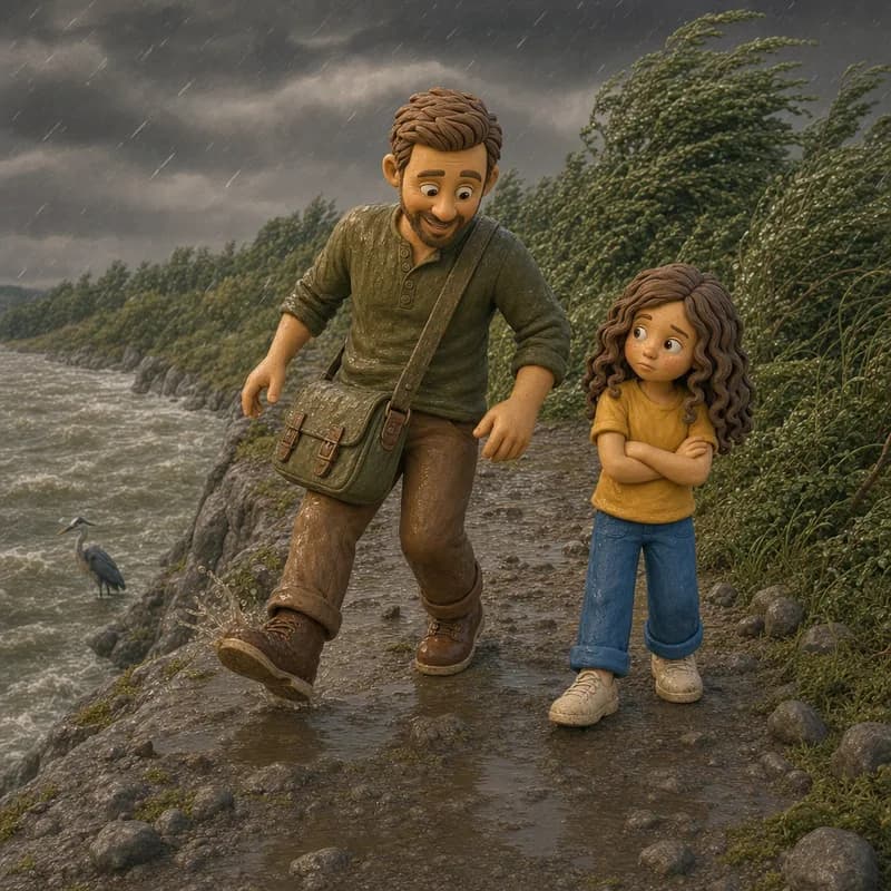 Dad mid-squelch with soaked singing shoes on the high muddy path, rain-drenched Lena walking beside him with her arms crossed, a heron watching from the shore, claymation illustration