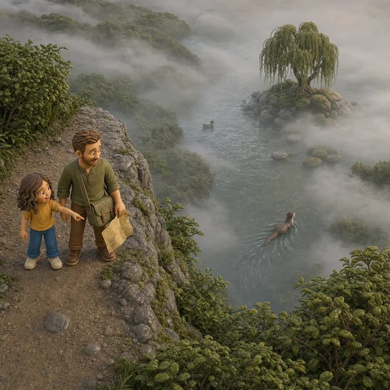 Lena and Dad on the high path watching the willow island slide out of soft fog below, an otter's ripples crossing the misty river toward it, claymation illustration