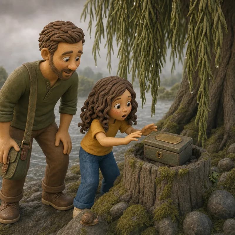 Lena reaching toward the small weathered wooden box with its brass WIND ME plate on the mossy island stump, Dad leaning in close behind her under the dripping willow, claymation illustration
