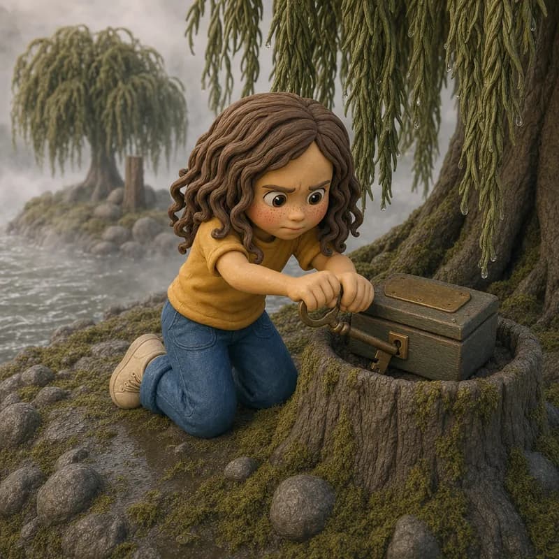 Close-up of Lena frowning in concentration as she turns the warm brass key in the box's little square hole, kneeling on the mossy island beneath the willow, claymation illustration